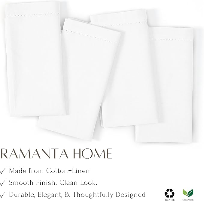 Ramanta Home White Cloth Dinner Napkin Set of 4-20x20 Inch, Premium Cotton Linen Flax Hemstitched Napkins, Soft Durable Washable for Everyday Use Thanksgiving Christmas Parties Halloween