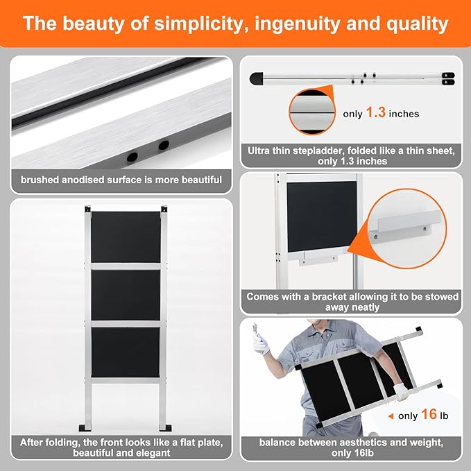 3 Step Ladder,Aluminum Ultra Thin Folding Step Stool,400 Lbs Capacity with Anti-Slip Sturdy and Wide Pedal,Closet Step Ladder for Home,Kitchen and Office,Space Saving (Silvery White, 3-Step)