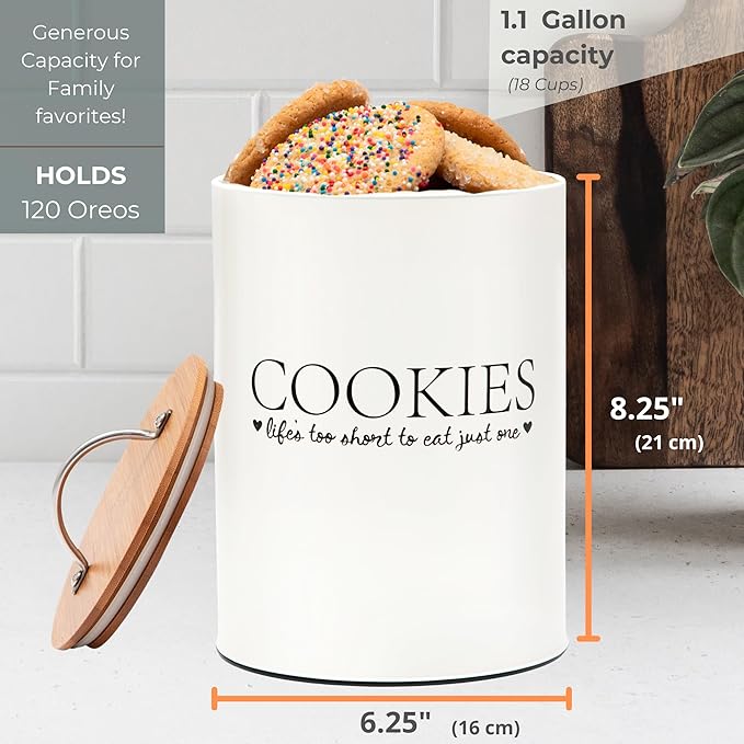 D'Lifeful Cookie Jar with Airtight Bamboo Lid – 1.1 Gallon Cute and Decorative Cookie Storage for Kitchen Countertop – Farmhouse Storage Tin for Freshness – Great Gift Idea