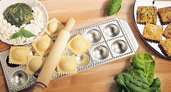 Imperia Ravioli Maker Set- Includes 3 Trays & Wooden Rolling Pin- Pasta Machine Accessory for Filled Ravioli- Durable Aluminum Construction- Press Makes 3 Different Shapes- Homemade Italian Cooking