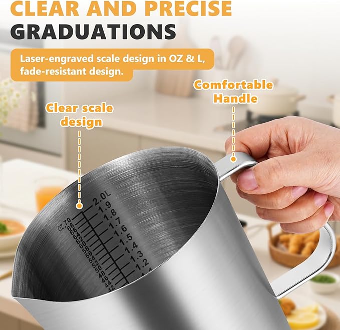 Stainless Steel Measuring Cup with Lid 2L 70 OZ, Large Mouth Graduated Beakers Metal Pitcher with Marking and Handle