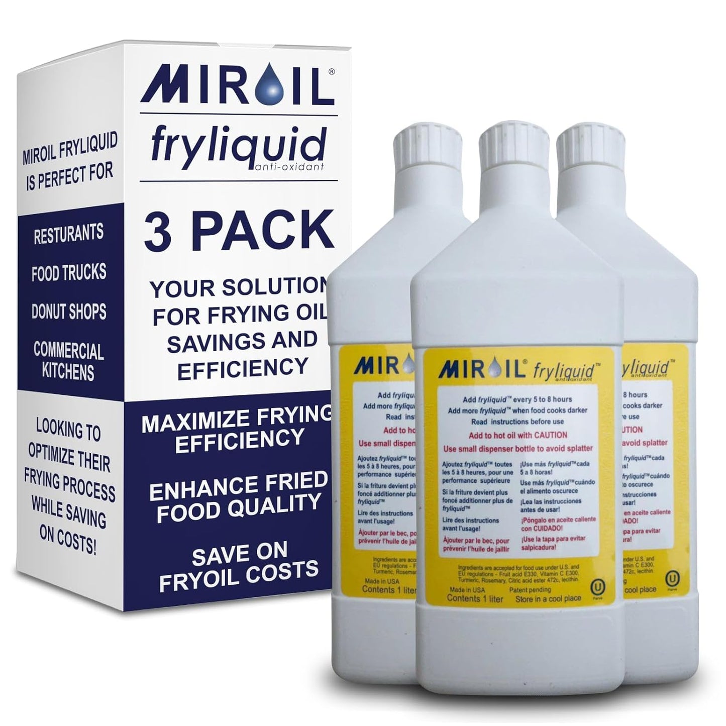 3 x 1 Liter Bottle FryLiquid by MirOil, Antioxidant & Removes Unhealthy Fats, Prevents Breakdown, Vitamin Therapy & Extends Deep Fryer Oil Life for Donut Shops, Restaurants, Food Trucks & Food Service