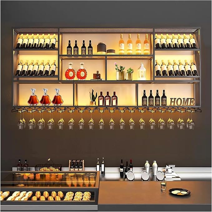 51Inch Wall Mounted Wine Rack, 3 Tiers Large Bar Shelves with 12 Glass Holder, Metal Wine Bottle Display Shelf, Modern Iron Liquor Shelf, for Kitchen Dining, Home Bar, Cellar (51.1" W)