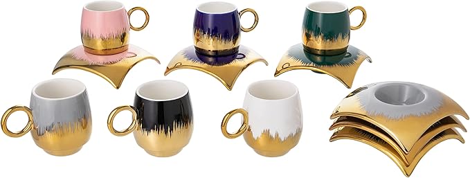 Turkish Coffee Cup Set of 6 with Saucers - Luxury Arabic Greek Japanese Marble Ceramic Tea Cups for Espresso Cappuccino Latte Mocha, Ideal Gift - 3.5oz,- Assorted Colors