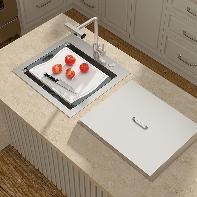 Lordear Drop In Outdoor Kitchen Sink Workstation with Pull-out Faucet 21" x 20" Bar Prep Sink 16 Gauge Stainless Steel Single Bowl Small Kitchen Camper Wet Bar Mobile Home RV Basin with Cover