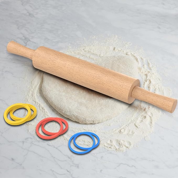 Classic Wooden Rolling Pin with Handle for Fondant, Pizza, Pies, Cookies, Pastries, Rolling Pin for Baking with 3 Multi-Color Thickness Rings, 17"x2.5" (Include handle) Beechwood Rolling Pin