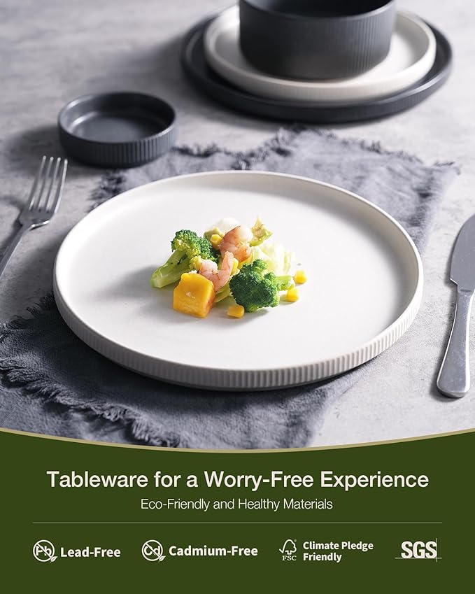 Famiware Star Dinnerware Set, Plates and Bowls Sets for 4 (12pcs), Ribbed Stoneware Dishes - Chip & Scratch Resistant, Microwave & Dishwasher Safe, Multicolor - Matte White & Matte Dark Charcoal