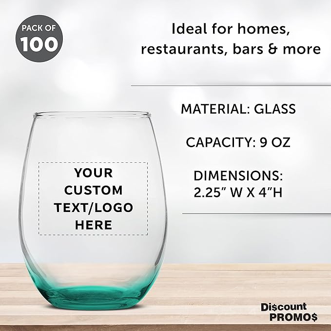 Custom Stemless Wine Glass 9 oz. Set of 100, Personalized Bulk Pack - Great for Wedding Favors, Bachelorette Party Decorations, Party Favors, Color Bottom - Green