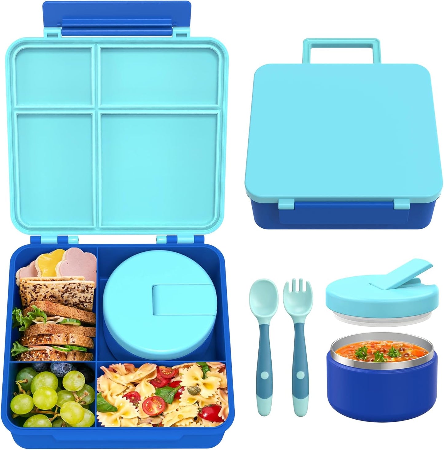 Bento Lunch Box with 8oz Soup Thermo, Leak-Proof Lunch Containers with 4 Compartment, Thermo Hot Food Jar and Insulated Lunch Box for School Blue