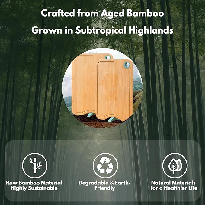 Aged Bamboo Cutting Board for Kitchen, Double-Sided Reversible with Juice Groove, Thick Durable, Standing Design for Fruits Meat Vegetables, Set of 2