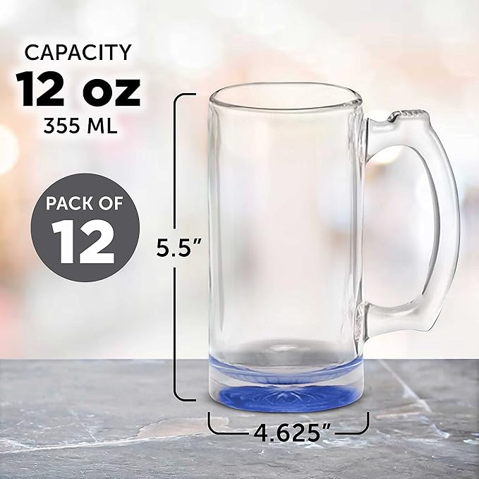12 Libbey Beer Mugs Set, 12 oz. - Groomsmen Glassware - Blue
