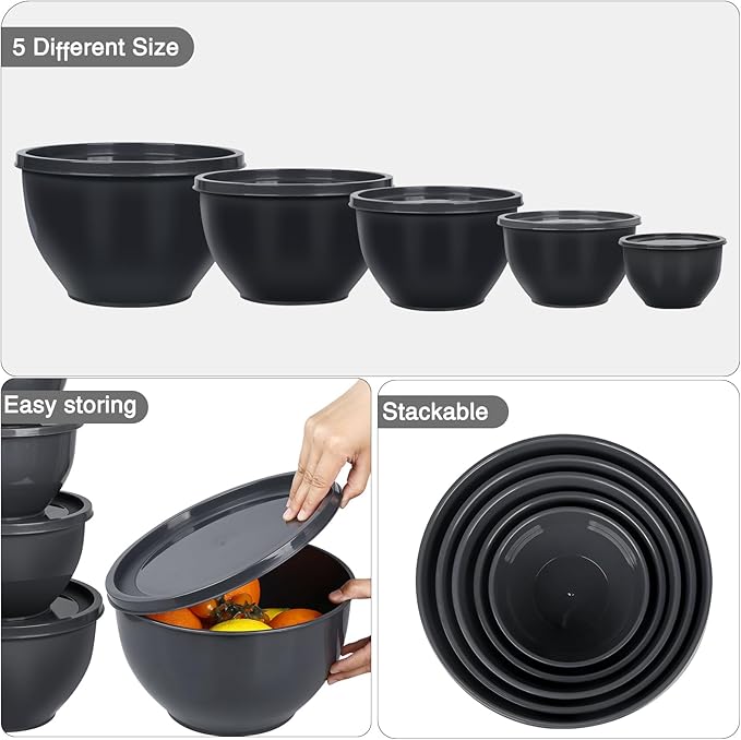 5-Piece Plastic Mixing Bowls with Lids Set for Kitchen, Nesting Bowls for Mixing, Baking, Prepping, Cooking and Serving Food, Grey Mixing Bowls Dishwasher, Microwave Safe, large