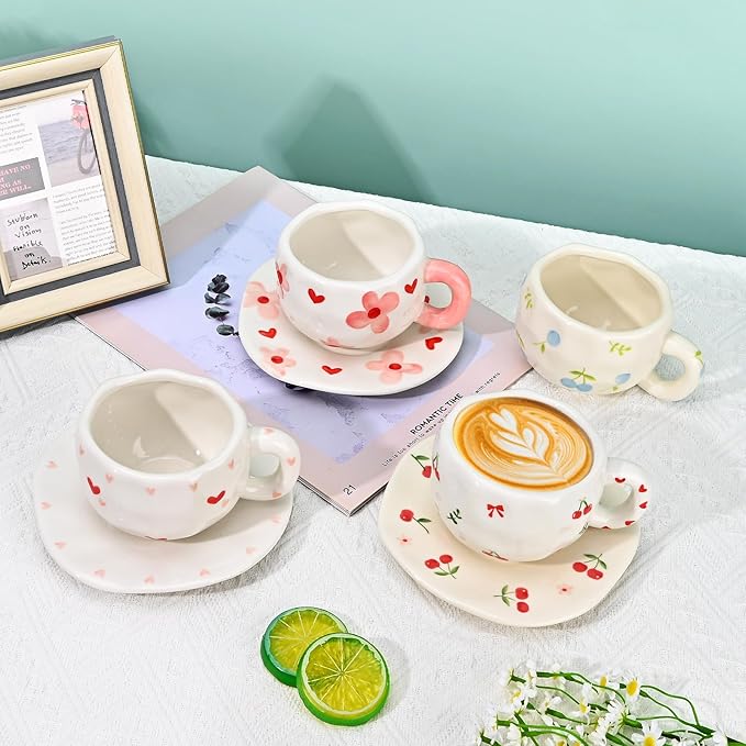 Koythin Ceramic Coffee Mug with Saucer Set, Cute Creative Cherry Bow Cup Unique Irregular Design for Office and Home, 10 oz/300 ml for Latte Tea Milk
