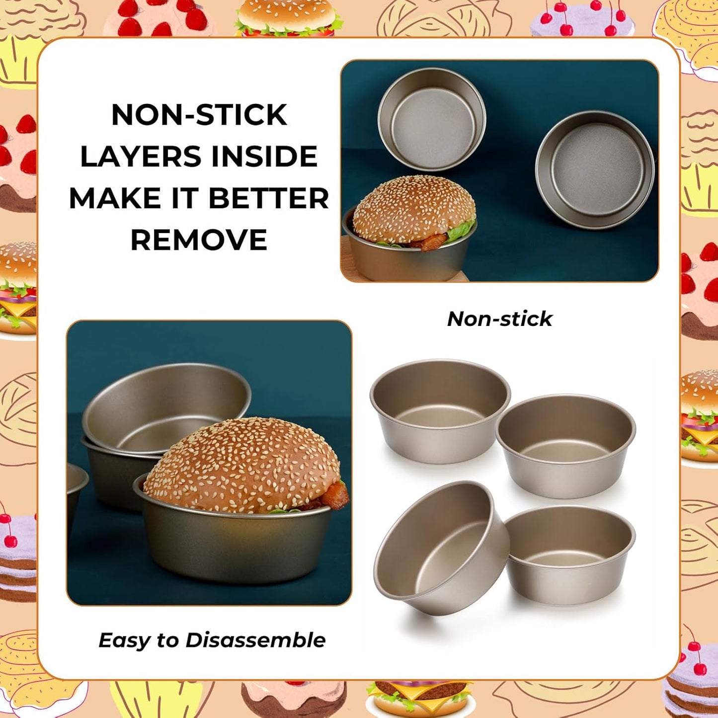 beyonday 4pcs Mini Bread Hamburger Bun Molds, 4 inch Round Carbon Steel Bread Cake Trays Non-stick Muffin Cheesecake Baking Mold for Birthday Party Wedding Anniversary Kitchen Bakeware