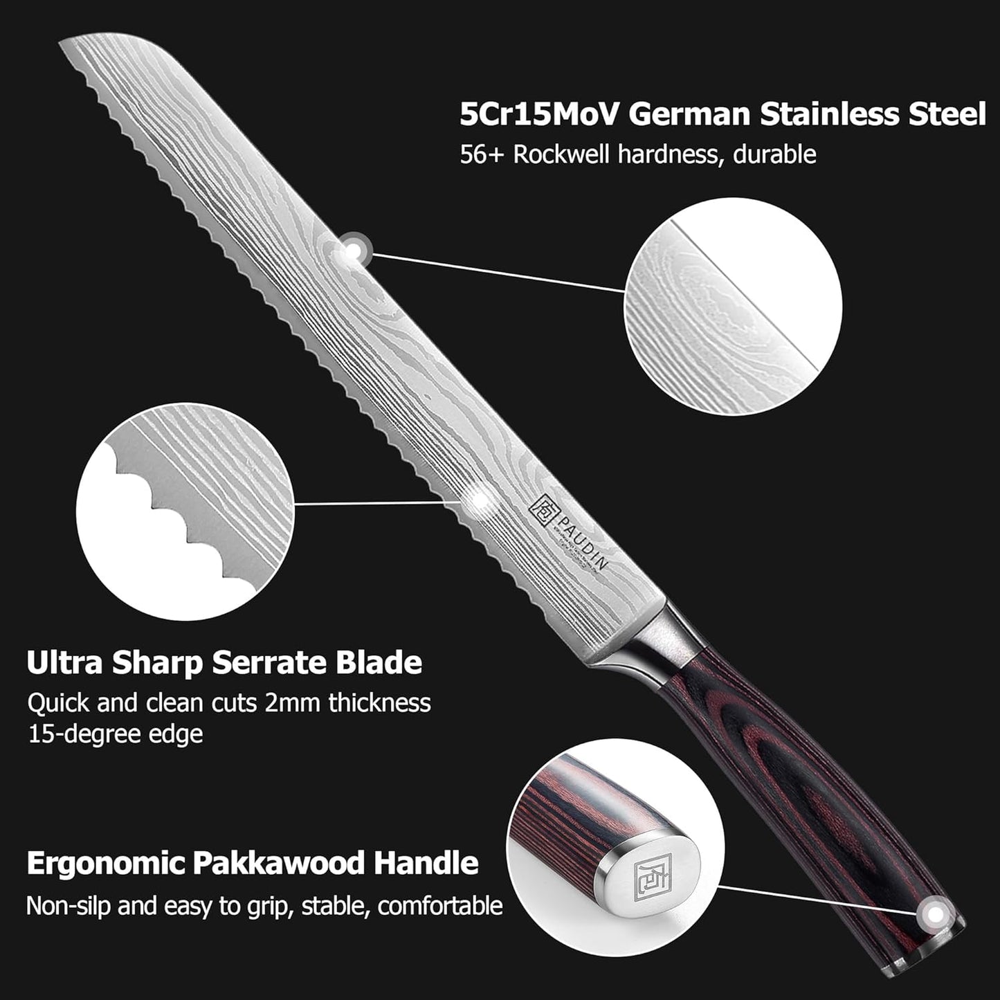 PAUDIN Bread Knife, 10 inch Serrated Knife, German Stainless Steel Bread Knife for Homemade Bread, Razor Sharp Edge for Efficient Slicing Sourdough Bread, Bagels, Cake