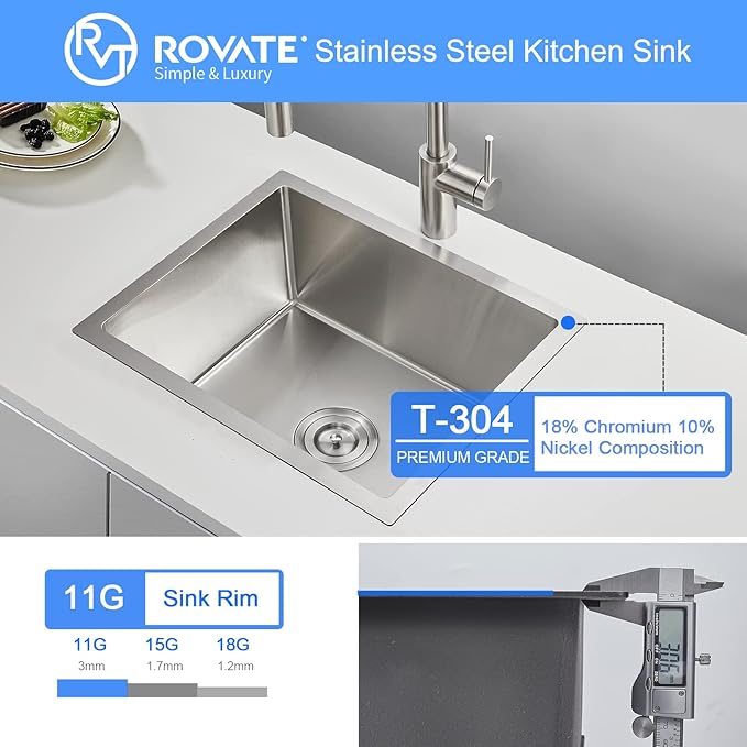 ROVATE 20 inch Kitchen Sink Undermount Single Bowl, Bar or Kitchen Sink Handmade, 304 Stainless Steel Kitchen Sinks with Strainer