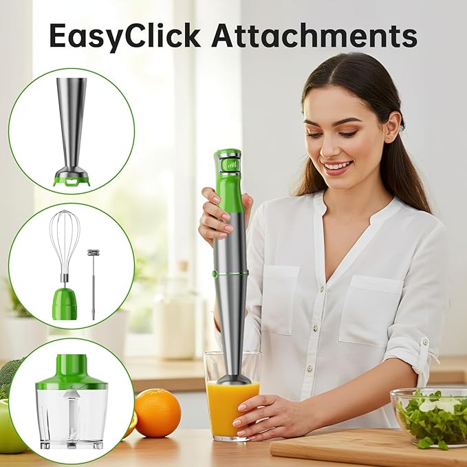 Immersion Blender Handheld Corded Hand Blenders Set 1100W, Trigger Variable Speed 5 in 1 Stick Emulsifier with Chopper, Whisk and Frother for Soup, Baby Food and Smoothies, Apple Green