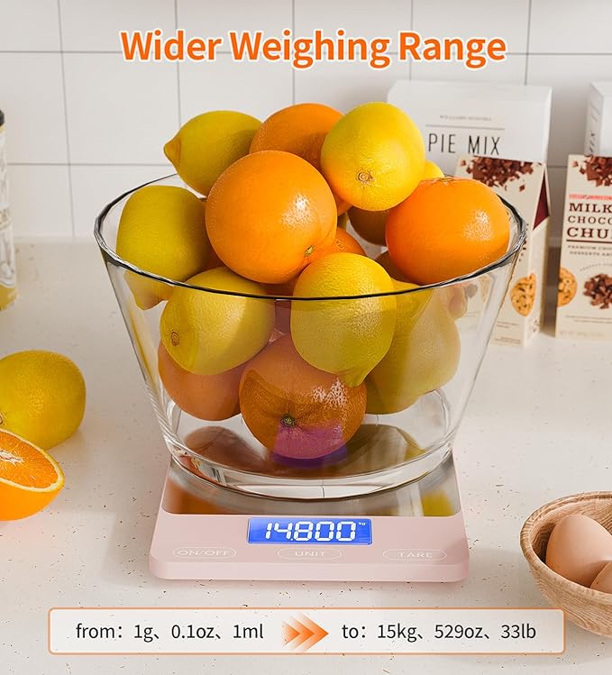 Food Scale -33lb Digital Kitchen Scale for Food Ounces Grams Rechargeable 306 Stainless Steel,Batteries and Type-C Charging | Perfect for Meal Prep, Cooking, and Baking, Pink