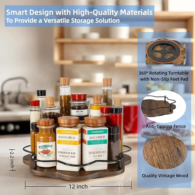 Wooden Lazy Susan Turntable Organizer for Cabinet, Table Top, Kitchen, Pantry, Bathroom, Vanity Countertop, Rotating Wood Lazy Susans Rack for Condiment, Seasoning, Spice Storage Organization(Petal)