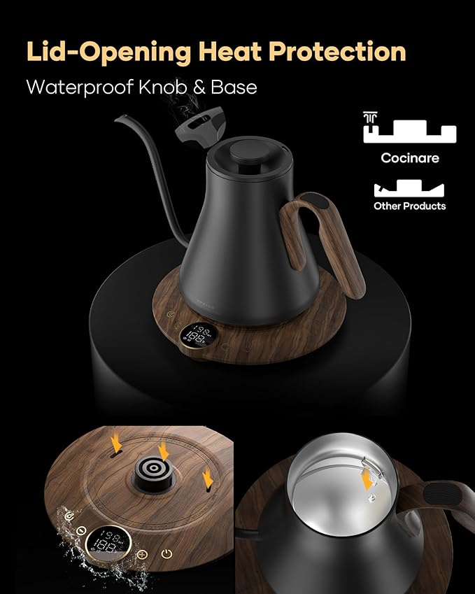 Cocinare FLOW B9 Gooseneck Electric Kettle, Precise Temperature Control for Pour-Over Coffee & Tea Brewing, Stainless Steel Interior, Rapid Heating for Boiling Water 1500W/0.9L (Obsidian Black)