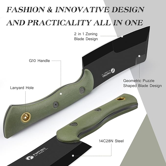5.5 Inch Butcher Knife, 2-in-1 Chef & Meat Cleaver Knife with Sheath, Multipurpose Full Tang G10 Handle Kitchen Knives for Bone Chopping, 14C28N High Carbon Stainless Steel for Home and Outdoor