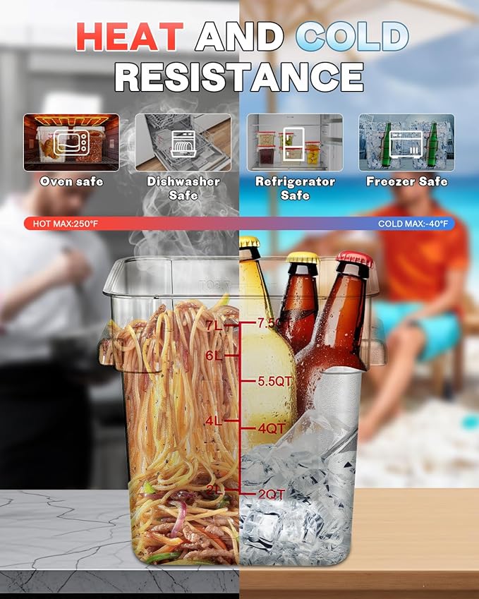 2QT NSF Food Storage Containers: 8 PCS [Food Grade][Hot&Cold Resistant] Commercial Clear Square Food Storage Containers with Scales Handles for Home Restaurant Kitchen Proof Dough(BPA FREE)