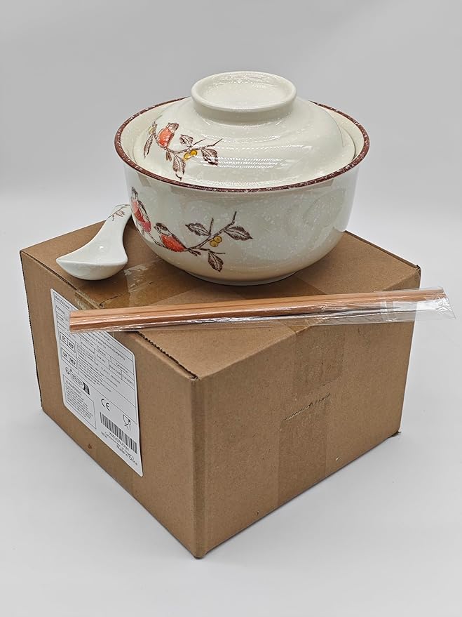 Ceramic Ramen Bowl Set, 800ml, with Lid, Spoon and Chopsticks, Japanese Vintage Large Soup Bowls Instant Noodle Bowl Asian Tableware (Bird*1)