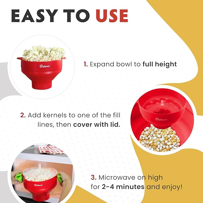 The Original Salbree Collapsible Silicone Microwave Popcorn Popper Maker Machine, Microwavable Bowl Holds 16 Cups, Uses Hot Air and Oil Always Optional - The Most Colors Available (Yellow)