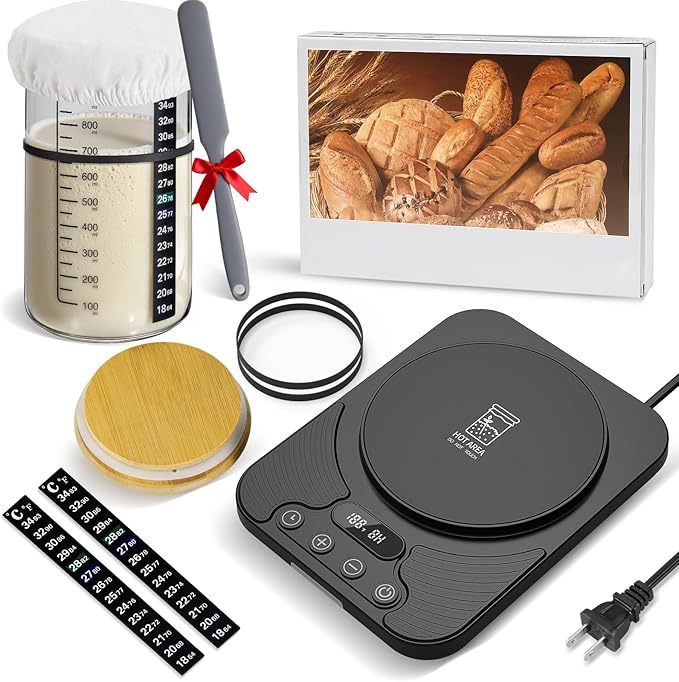 Sourdough Starter Warmer Kit with 34oz Glass Jar & Thermometer - 24H Timer Auto ON/OFF, 1°F Control (70-100°F), Smart Warming Memory, Sour Dough Bread Starter Heater Accessories, Home Baker Tool Gifts