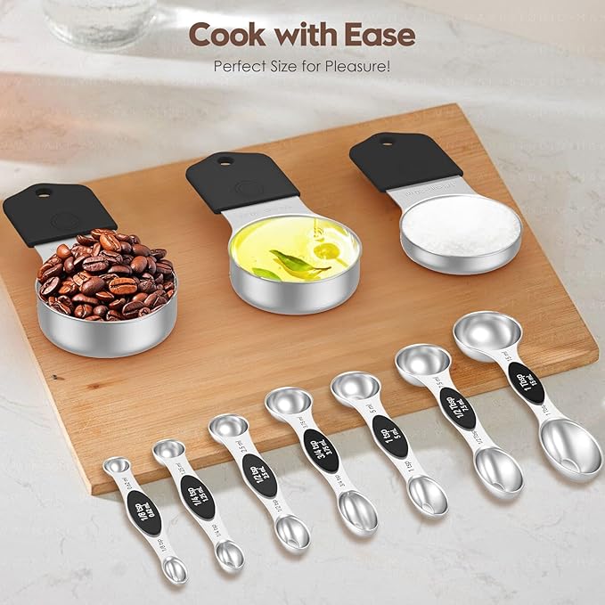 Magnetic Measuring Cups and Spoons Set - 304 Stainless Steel | Dual-sided Design | Set of 15 with Leveler | Strong N52 Magnetic Nesting Design | for Dry & Liquid Ingredients (Black)