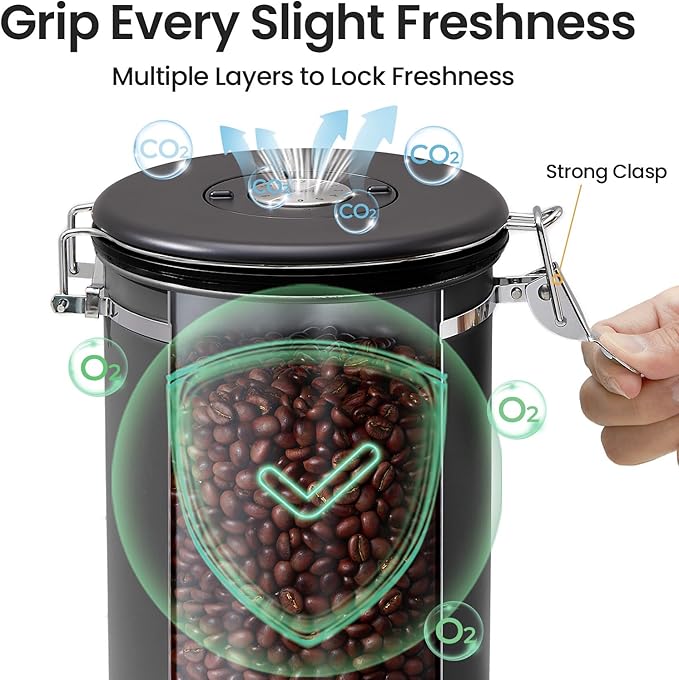 Veken Coffee Canister, 39OZ Large, Airtight Stainless Steel Food Storage Container for 2.2lbs Coffee Beans, Ground, Sugar, Tea, Flour, Cereal, Kitchen Bar Accessories with Date Tracker & Scoop, Black