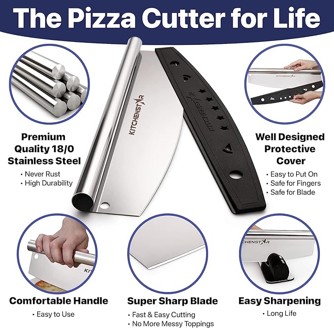 14" Pizza Making Kit (Set of 2) - 14" Pizza Cutter Rocker Knife with Blade Cover + 13" Perforated Stainless Steel Pizza Peel with Folding Handle - Ultimate Pizza Oven Accessories