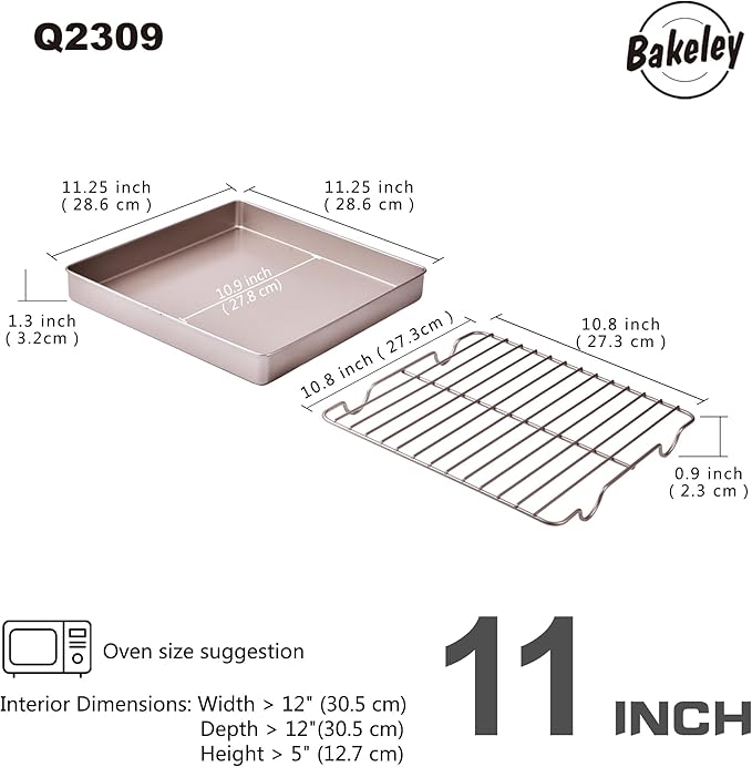 Roasting Pan with Rack, 11-Inch Non-Stick Square Shallow Dish Sheet Pan with Wire Rack for Oven Baking, BBQ and Roasting 11.2" x 11.2" x 1.3" (Champagne Gold)