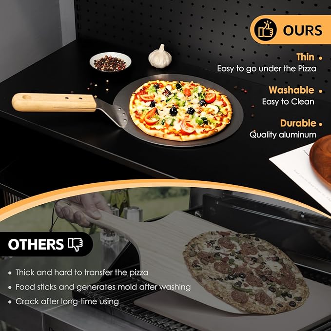 vzaahu Pizza Peel 10 inch, Aluminum Round Spatula, Small Medium Size with 8.6 inch Wooden Handle, Pie Making Light-weighted Tool for Homemade Bread, 2-3 family size