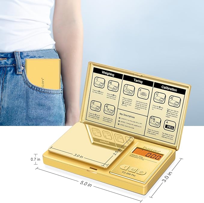 Fuzion Digital Pocket Gram Scale .01 Gram Accuracy, Gold Titanium Plating, 200g Small Digital Scale, Mini Jewelry Scale for Food, Herb, Spice, Coin - Weight Gram and Oz - 100g Calibration Weight