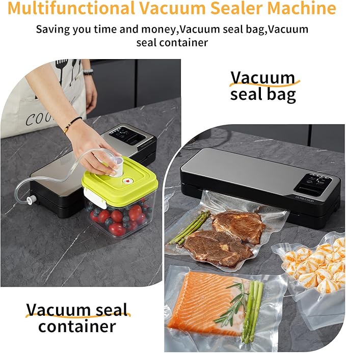 Cordless Food Vacuum Sealer Machine, 75Kpa Strong Suction, Rechargeable Dry & Moist Food Modes Food Sealer, Compact, Stainless Steel, Built-in Cutter for Home Kitchen Camping Fishing Picnic
