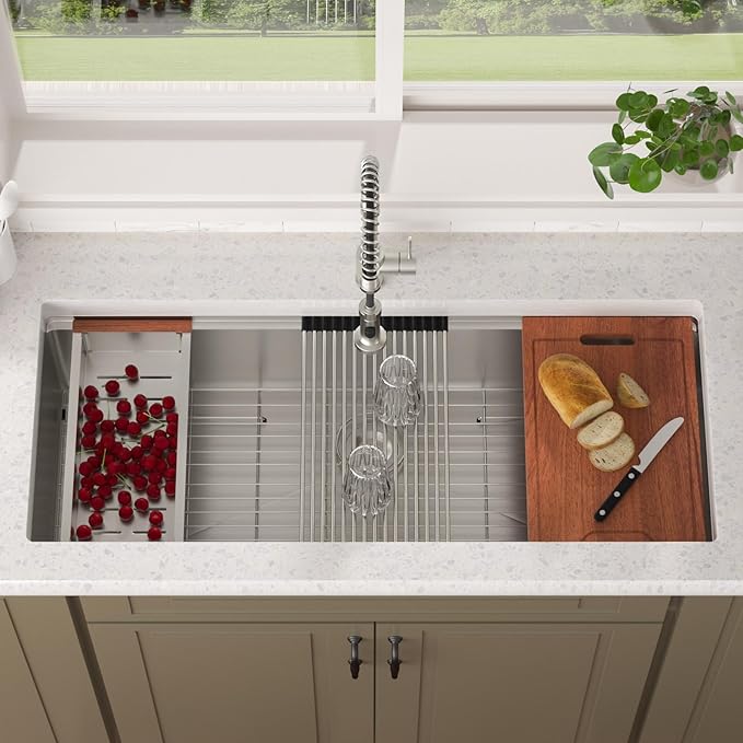 Lordear 45 Inch Undermount Kitchen Sink Ledge Workstation 16 Gauge Stainless Steel Single Bowl Under Counter Kitchen Sink with Built-in Accessories 45''x19''x10''