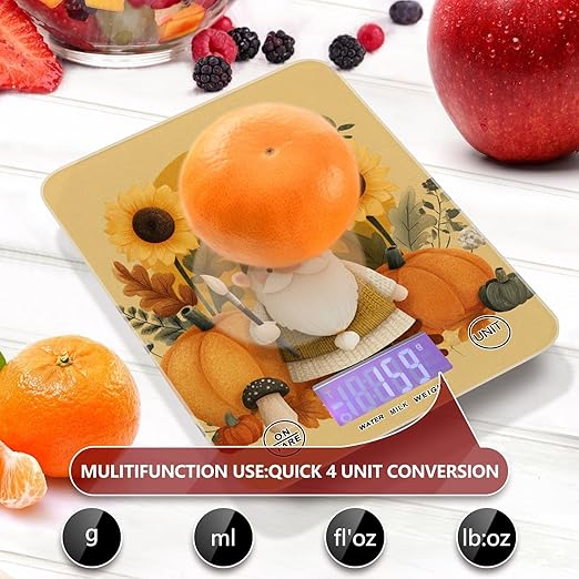 Fall Gnome Pumkin Sunflowers Thanksgiving Food Scale Kitchen Digital Scale Food Ounces and Grams Dieting Baking Cooking Waterproof Glass Panels LCD Display,4 Units Tare Function