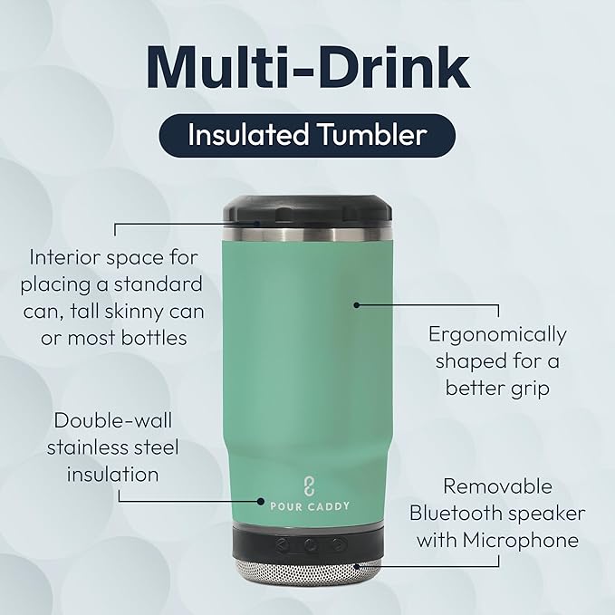 Chill & Brew, Insulated Can & Bottle Holder, Bluetooth Cup with Speaker, Fits 12 oz Cans, Skinny Cans, Most Bottles & Cold Drinks, Seafoam