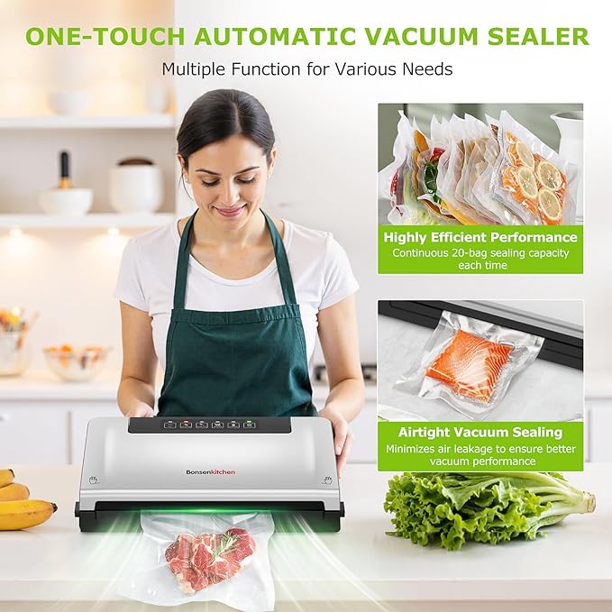 Bonsenkitchen Food Vacuum Sealer Machine with External Vac Function, Built-in Cutter & Bag Storage, 5 Modes for Various Food Types, Includes 10 Bags & 1 Roll (Silver)