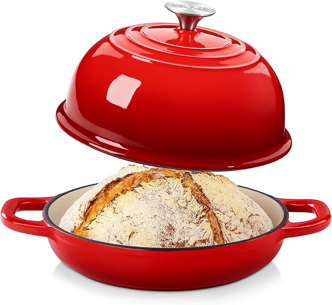 Velaze Enameled Cast Iron Dutch Oven for Bread Baking,5 QT Round Bread Oven Pot with Dome Lid for Sourdough, Roasting,Braising(Red)