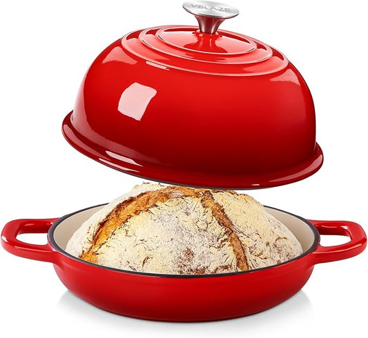 Velaze Enameled Cast Iron Dutch Oven for Bread Baking,5 QT Round Bread Oven Pot with Dome Lid for Sourdough, Roasting,Braising(Red)