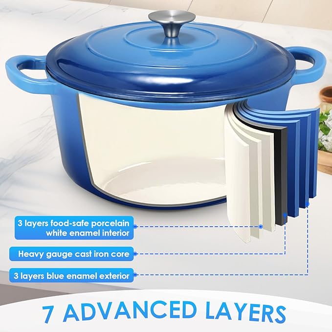 LIFERUN 6 Qt Enameled Cast Iron Dutch Oven Pot with Lid，Oven Safe up to 500° F, Heavy-Duty Non-Stick Dutch Oven with Dual Handles for Bread Baking, Fry Foods, Braising, Stews, Roasting (Blue)