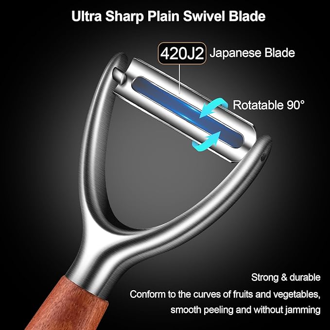 Premium Vegetable Peeler Stainless Steel，Ultra Sharp Potato Peelers for Kitchen, Swivel Blade Veggie Fruit Peeler, Carrot Cucumber Peeler with Ergonomic Wood Handle Y Peeler（5 Years Warranty）