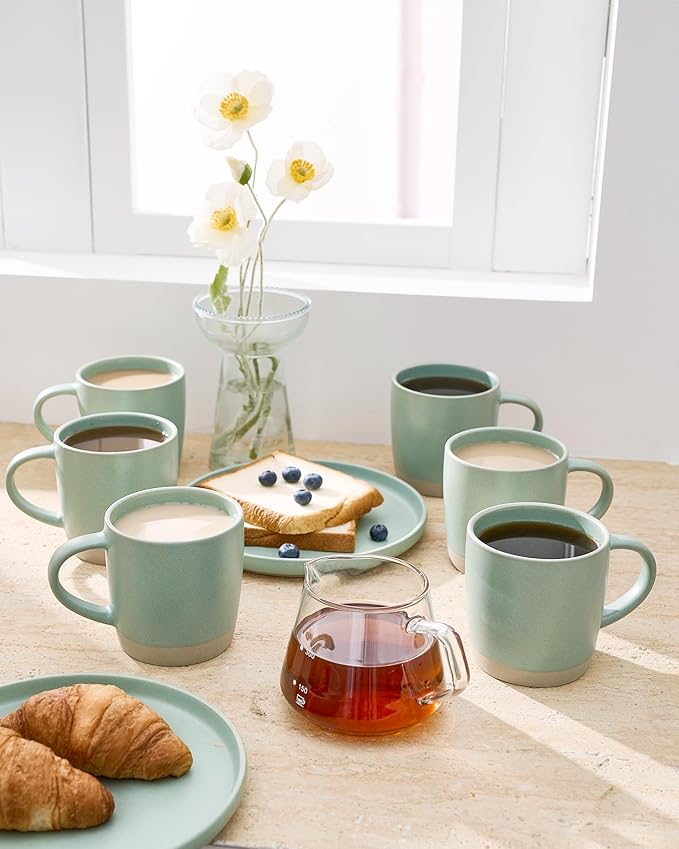 famiware Coffee Mugs Set of 6, Milkyway 13 oz Mug Set, Ceramic Cup Set with Handle for Coffee, Tea, Cocoa, Milk, Light Green