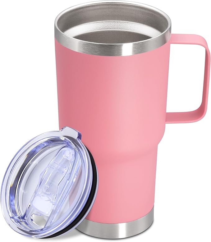 20 oz Tumbler with Handle and Lid, Stainless Steel Tumbler Insulated Travel Coffee Mug, Spill Proof Double Wall Vacuum Tumbler Cup Keep Drink Hot & Cold, Pink, 1 Pack