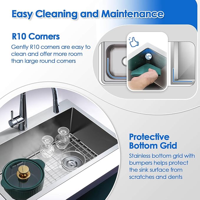 ROVOGO 24x18x9 in. Drop-in Kitchen Sink Single Bowl with Offset Drain Assembly and Bottom Grid, 304 Stainless Steel Handmade Modern Sink 1 Faucet Hole, Top Mount, Brushed