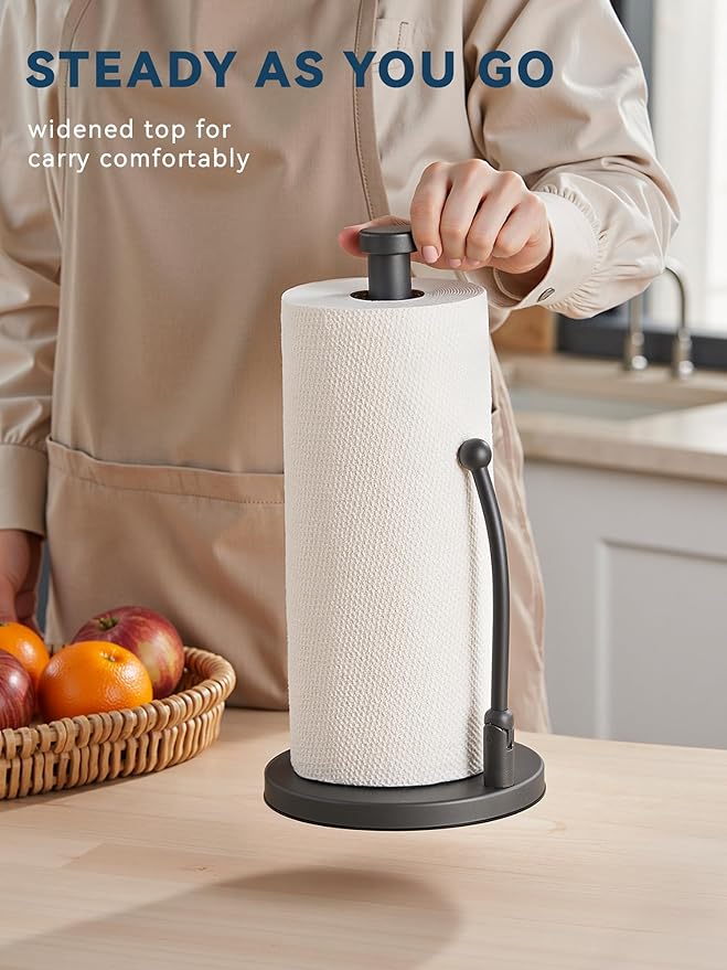SMARTAKE Paper Towel Holder, Paper Towel Dispenser Standing Weighted Base Non Slip, Spring Arm for Easy Tear, Stainless Steel Paper Towel Holder for Home Kitchen Countertop Tabletop, Metallic Gray