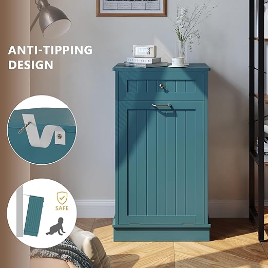 Tilt Out Trash Bin Cabinet Dog Proof Trash Can Holder Kitchen Island Without Garbage Bin or Tilt Out Laundry Hamper (Teal-Blue)
