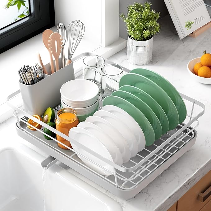 Kitsure Dish Drying Rack for Kitchen Counter, Stainless Steel Sink Organization and Storage Essentials with Cutlery Holder, Home and Appartment Decor, 12''W x 15.5''L, Silver